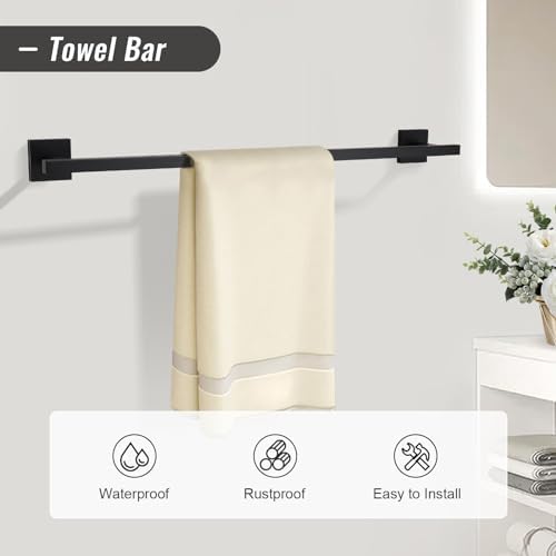 YACVCL Black Towel Bar Set 5-Piece Bathroom Hardware Accessories Set,SUS304 Stainless Steel Towel Rack Set,23.6 Inch Towel Bar,Toilet Paper Holder,Towel Ring and Towel Hooks,Wall Mounted - Image 2