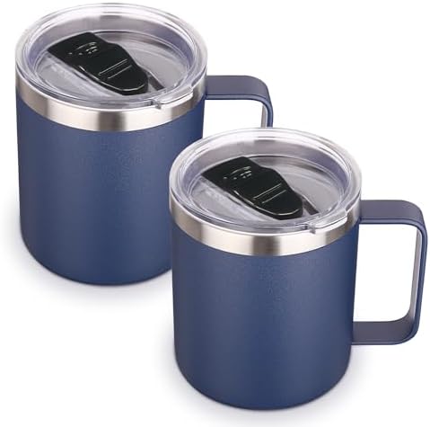 Volhoply 14oz Insulated Stainless Steel Coffee Mug with Lid Bulk 2 Pack,Double Wall Vacuum Travel Coffee Cup with Handle,Reusable Metal Cups Tumbler,Camping Mugs Keep Hot,Ideal Gifts(Navy,2) by LiveFully%EF%BC%8CDrinkFreely%E2%80%94KeepGoingwithVolhoply%EF%BC%81