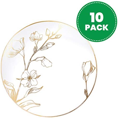 [7'' Plates 10 Count] White Plastic Floral Design Party Plates With Gold Rim Premium heavyweight Elegant Disposable Tableware Dishes - Image 2