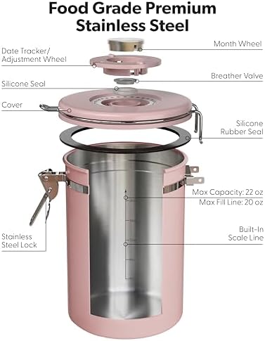 Veken Coffee Canister with Window, Airtight Stainless Steel Container,Date Tracker, Kitchen Food Storage Jars for Beans, Ground, Espresso, Rice,Tea, Sugar, Cereal, Gifts, Scoop, Pink, 22OZ (Pack of 2) - Image 7