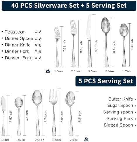 45 Piece Silverware Set for 8 with Serving Utensils, 18/10 Stainless Steel - Image 7