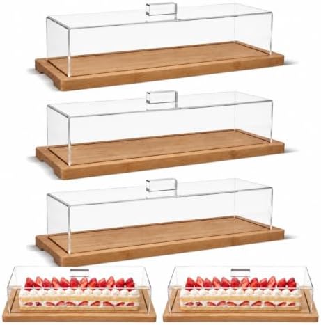Mifoci 3 Pack Natural Wood Color Cake Stand Serving Tray with Acrylic Lid, 15 x 6 x 4 Inches Charcuterie Table Display Set, Dessert Serving Tray Set for Bakery, Buffet, Home Party & Restaurant by Mifoci