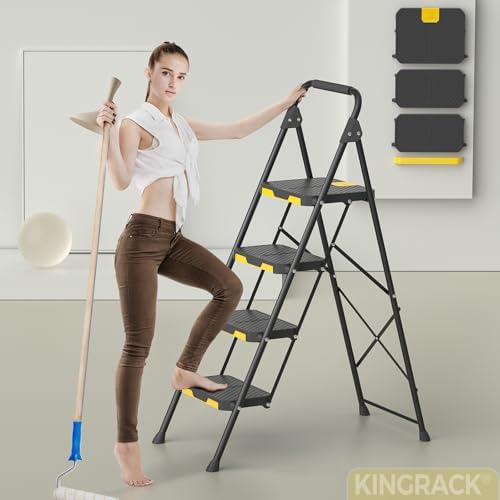 KINGRACK 4 Step Ladder, Steel Step Stool with Safe-Lock, Load 800lbs, Black - Image 2