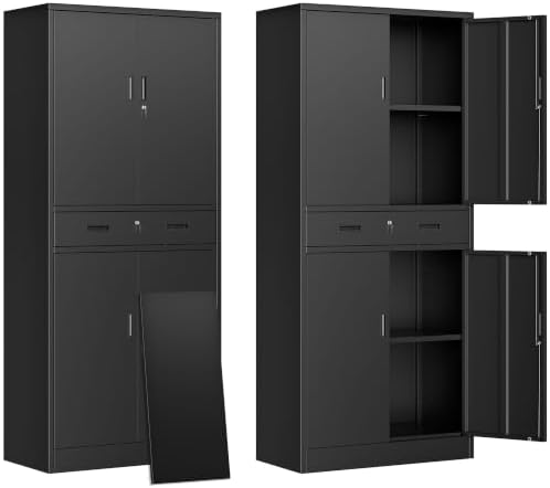 CJF 71" H Tall Metal Storage Cabinet with Drawer, Locking Garage Cabinet with 2 Adjustable Shelves, Heavy-Duty Tool File Storage Cabinets for Home Office, Kitchen, Warehouse, Shop (Black) by CJF