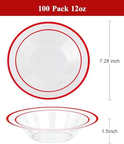 BESTSTAR 100 Pack clear Plastic Bowls with Red Rim - Image 2