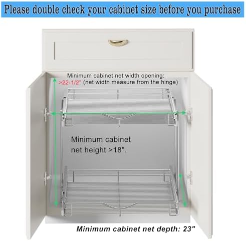 DINDON Pull Out Cabinet Organizer (22-1/2" W x 21-1/2"D), Cabinet Pull Out Shelves, 2 Tier Pull Out Drawers for Kitchen Cabinets, Wire Basket Slide Out Shelf, Pot and Pan Organizer - Image 6