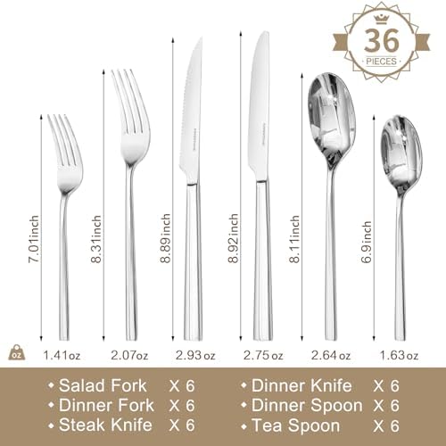 36-Piece Silverware Set with Steak Knives, Forged Flatware Cutlery for 6 - Image 2