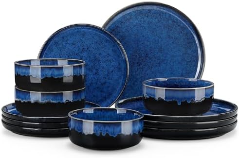 vancasso Starry 12 Pieces Dinnerware Sets for 4, Blue Reactive Glaze Dishes Sets, Ceramic Plates and Bowls Set, Dinner Salad Dessert Plates, and Cereal Bowls Set, Dishwasher and Microwave Safe by vancasso