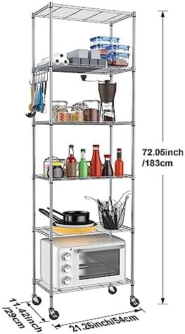 Homdox 6-Tier Storage Shelf Wire Shelving Unit Free Standing Rack Organization with Caster Wheels, Stainless Side Hooks, Silver Gray - Image 3