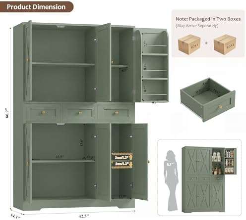 HOSTACK 67"H Farmhouse Kitchen Pantry Storage Cabinet with 3 Drawers, Green - Image 3