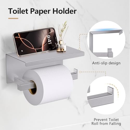 TQKAG 5-Pieces Brushed Nickel Bathroom Hardware Accessories Set 23.6" SUS304 Stainless Steel Towel Bar Set Wall Mounted Square Toilet Paper Holder with Shelf - Image 3