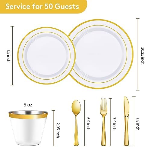 Goodluck 300 Pieces Gold Disposable Dinnerware Set for 50 Guests - Image 3