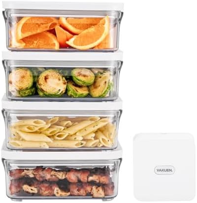 VAKUEN Premium Airtight Food Storage Container. Meal Prep 0.85qt 5pc/Set. 4pcs Container and Vacuum Sealer. Patented Double Silicone Lining, 100% Leak Proof, BPA-FREE by Vakuen