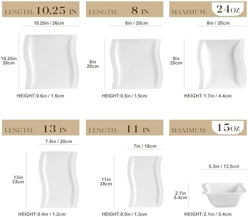 MALACASA Plates and Bowls Sets, 26 Pieces Ivory White Porcelain Dinnerware Sets without Mugs, Square Dinnerware with Dinner Plates, Bowls and Serving Platters, Modern Dish Set for 6, Series Flora - Image 2