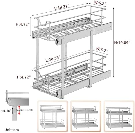 EZKAZA Pull Out Cabinet Organizer for Kitchen Utensil 7.5" W x 21" D, 2-Tier Cabinet Pullout Shelves and Drawer Organizer Slide Out Pantry Storage Basket, Bottom Basket 6.2" W x 20.4" D x 4.7" H - Image 2