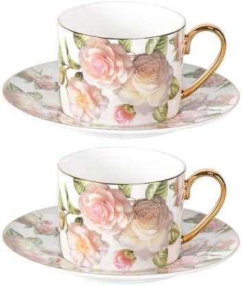 KAMMAK Tea Cups and Saucers Set of 2, Porcelain Coffee Cups, JBE027 by KAMMAK