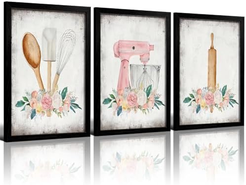 Doqueodas 3Pcs Pink Floral Baking Kitchen Theme Wall Art 12x16 Inch Framed by Unknown
