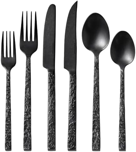 36 Pcs Black Hammered Silverware Set with Steak Knives for 6, 18/10 Steel by KINGSTONE