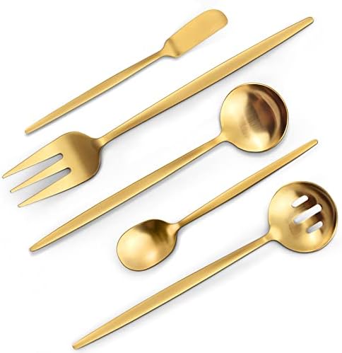 VANVRO Matte Gold Serving Silverware Set, 5-Piece Round Shared Utensils Set of Stainless Steel, Hostess Flatware Serving Set, Satin Finish, Dishwasher Safe by VANVRO