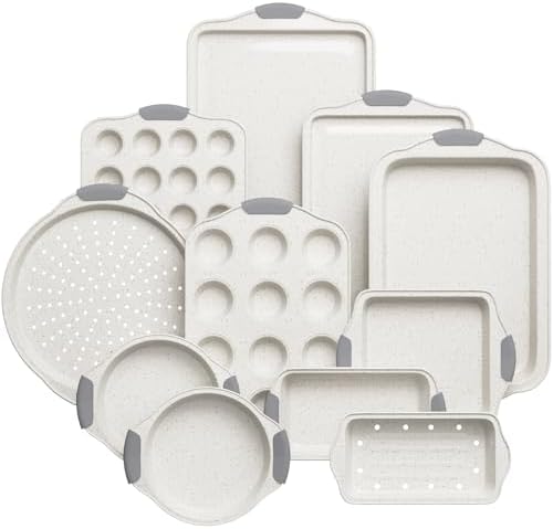 11-Piece Nonstick Bakeware Set – Stackable Baking Pans, Gray & White by SlowSLog