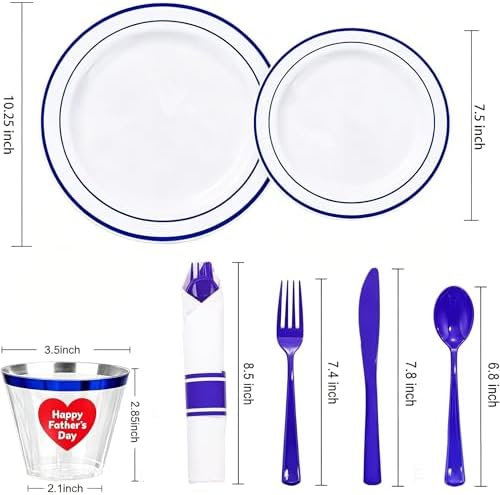 WELLIFE 350 Pcs Blue Plastic Plates for 50 Guests - Plastic Dinnerware Set,Party Supplies Includes 100 blue plates,150 Silverware,50 Napkins,50 Cups,Blue and White Plates - Image 2
