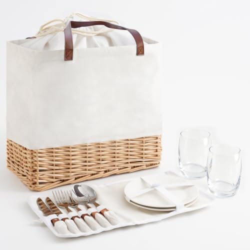 Wicker Picnic Basket for 2 Person, Folding Rattan Set, White by WeaveNove