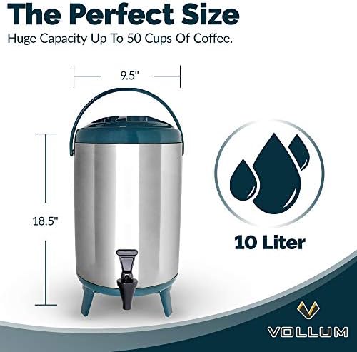 Vollum Stainless Steel Insulated Beverage Dispenser – Insulated Thermal Hot and Cold Coffee Carafe – 10 Liter Drink Dispenser with Spigot for Hot Water, Tea & Coffee, Cold Milk, Juice & More Teal - Image 4