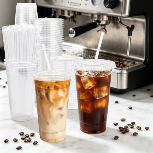 50 Pack 24oz Clear Plastic Iced Coffee Cups with Lids & Straws - Image 6