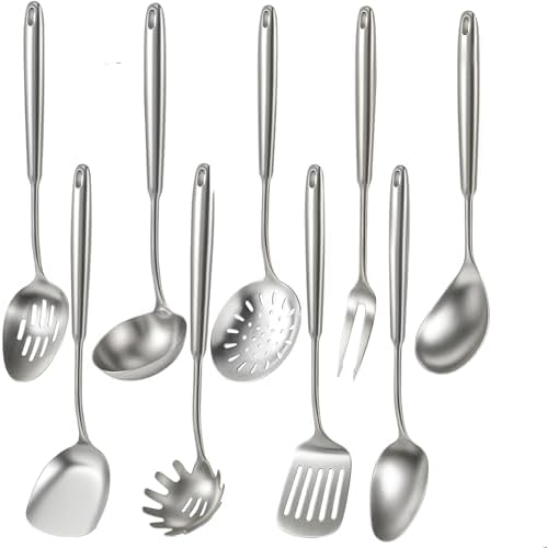 Newness 9 Pcs Cooking Utensils Set, 304 Stainless Steel Kitchen Utensils Set, Metal Kitchen Accessories, Include Soup Ladle, Slotted Skimmer Spoon, Spaghetti Spoon and Spatula, Dishwasher Safe by NewnessFocusOnStainlessSteel