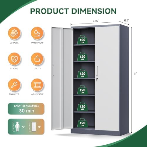 Letaya Metal Storage Cabinet with Lock Door, 71" Adjustable Shelf Steel Lockers for Office, Home,School,Garage Utility Tool Cabinet (2 Door-White&Gray) - Image 3