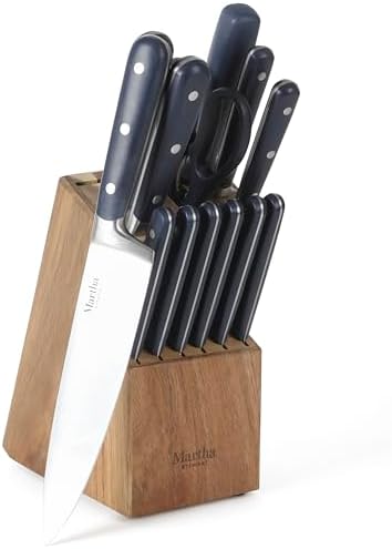 MARTHA STEWART Eastwalk 14 Piece High Carbon Staineless Steel Cutlery Set w/ABS Triple Riveted Forged Handle Acacia Wood Block - Navy Blue by MarthaStewart