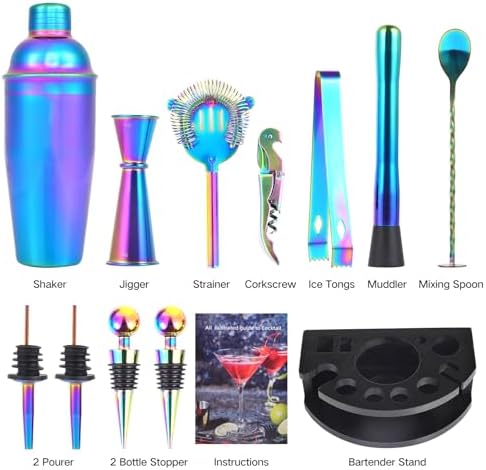 Safring Bartender Kit with Stand, 12-Piece Bar Set | 24oz Cocktail Shaker Set for Drink Mixing, Martini Shaker Set with Bar Tools, Recipes Booklet | Fun Housewarming Gift (Rainbow) - Image 2