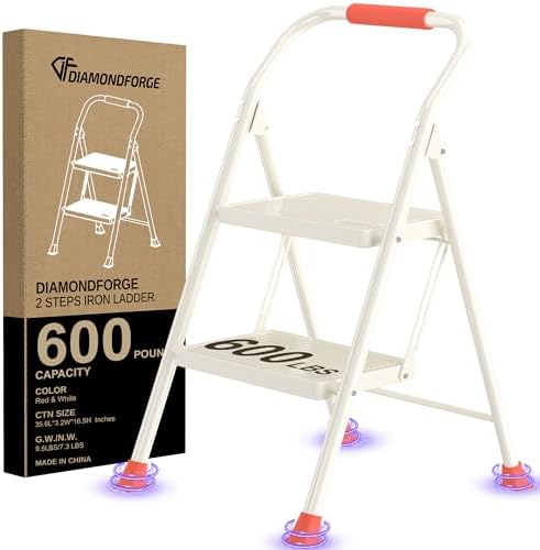 Step Ladder Foldable Folding Stool - for Home Adults Kitchen 2 Stepping Extension Tall Heavy Duty with Handrails - Closet Stepstool Stair Ladders Extendable Stepladder for Indoor House 600Lbs by DIAMONDFORGE