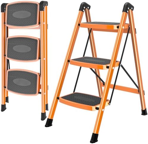DIAMONDFORGE 3 Step Ladder, Folding Step Stool with Anti-Slip Wide Pedal, Soft Handle, Anti-Slip Feet, Sturdiest Steel Construction, 500lbs Capacity Steel Ladder for Home and Office, Orange by DIAMONDFORGE
