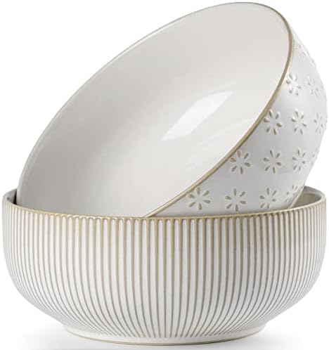 getstar Large Serving Bowls (8 inch & 60 fl oz), Ceramic Salad Bowl Set of 2, Microwave and Dishwasher Safe, Farmhouse Kitchen Decorative Bowls Set (Embossed Stripes & Stars) by Getstar