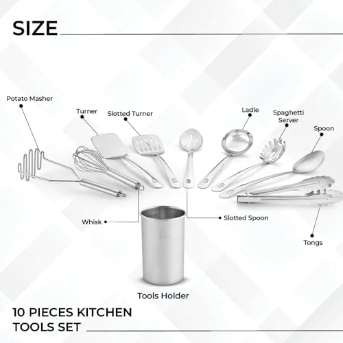Avador® Premium Set of 10 Stainless Steel Kitchen Tool Set with Holder Easy To Clean, Space Saving, Great for Cooking, Baking, Prepping (Pack of 2) - Image 2