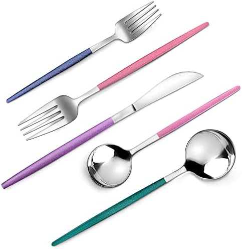 VANVRO Mirror Silver multicolor Silverware Set, 20-Piece Stainless Steel Flatware Set, Satin Finish tableware Cutlery Set, Service for 4, Home and Restaurant, Dishwasher Safe by VANVRO