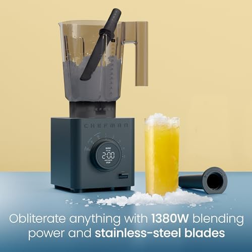 Chefman Obliterator 48 oz Countertop Blender for Smoothies, 1380W Motor to Crush Ice, Nuts, and Frozen Fruit with Stainless Steel Blade, Auto Blend Function, Includes Tamper and Scraper - Midnight - Image 2