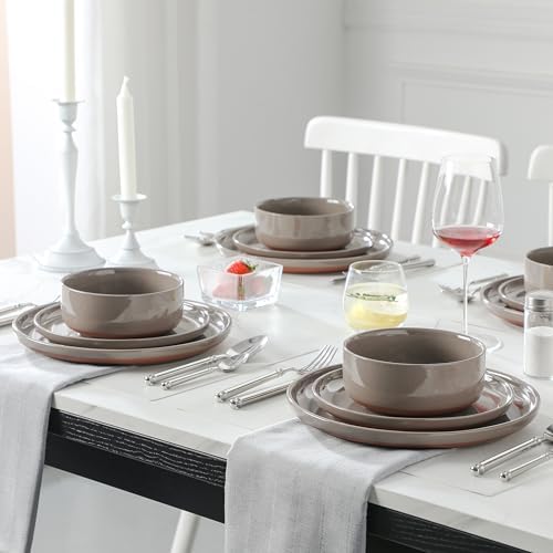 MALACASA Plates and Bowls Sets, 18 Pieces Modern Ceramic Dinnerware Set for 6 Kitchen Dinner Set Stoneware Dishware Dishes Set Microwave and Dishwasher Safe, Brown, Series TARA - Image 5