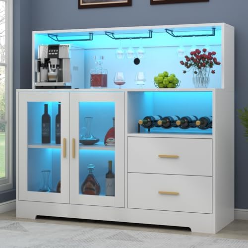 Bar Cabinet for Home with LED Light,Coffee Bar Cabinet w/ Wine & Glass Rack by AuromieDirect