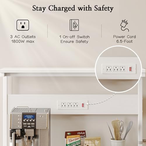 SUPERJARE Bakers Rack with Power Outlets, Microwave Stand, 31.5 X 16.5 Inch Larger Desktop, Kitchen Storage Rack with Adjustable Middle Shelf, 6 S-Shaped Hooks, Coffee Bar Stand, White - Image 3