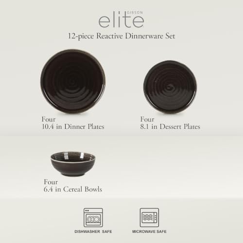 Gibson Elite Eclipse Swirls Plates and Bowls Sets, 12-Piece Stoneware Dinnerware Sets, Reactive Glaze Dish Set - Black - Image 2