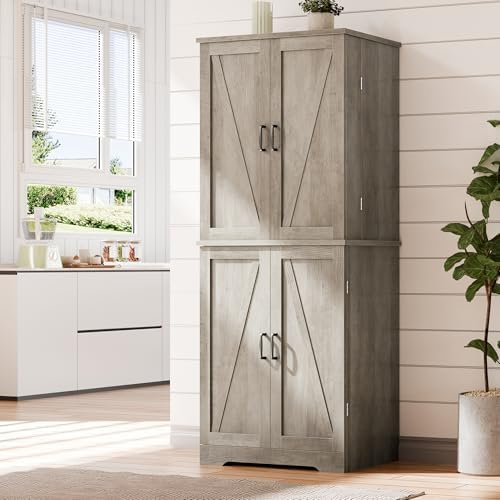 Vongrasig Kitchen Pantry Storage Cabinet with Barn Doors, Drawer and Adjustable Shelves, 6-Tier Tall Rustic Wood Cupboard Locker for Kitchen, Dining Room, Living Room, Bathroom, Rustic Grey - Image 3