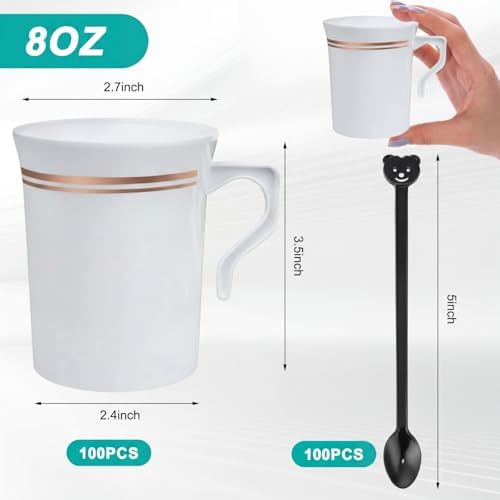 Bokon 100Pcs 8oz White Plastic Tea Cups with Handle & Spoon - Image 2