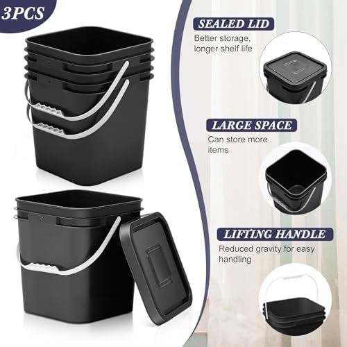 Mumufy 3 Pcs 3.5 Gallon Square Food Grade Bucket with Lid, Black - Image 3