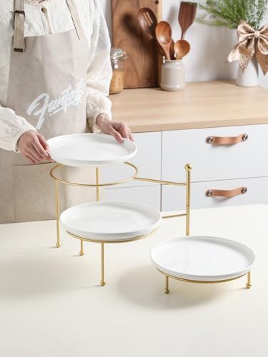 Kanwone 3 Tiered Serving Stand with White Porcelain Plates, 10.3" Round Tray, Dessert Table Display Set, Gold Metal Stand, Versatile & Durable - Image 3