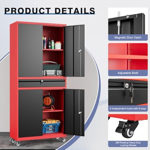 Metal Garage Storage Cabinet with Wheels, Rolling Garage Cabinet with Locking Doors and Adjustable Shelves, 73" Heavy Duty Steel Tool Cabinet with Drawer for Garage, Warehouse(Red Black) - Image 4