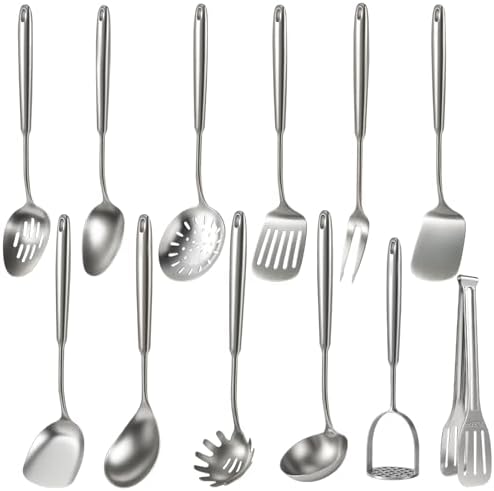 Newness 12 Pcs Cooking Utensils Set, 304 Stainless Steel Kitchen Utensils Set, Metal Kitchen Accessories, Include Soup Ladle, Slotted Skimmer Spoon, Spaghetti Spoon and Spatula, Dishwasher Safe by NewnessFocusOnStainlessSteel