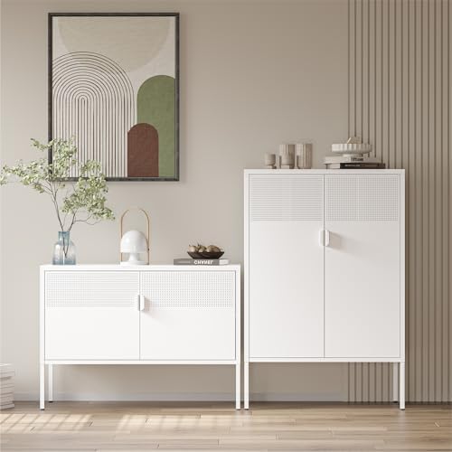 COFaR White Metal Storage Cabinet with Adjustable Shelves, 47”H Modern Buffet Sideboard & Coffee Bar Cabinet with Magnetic Doors, Ventilated Steel Organizer for Kitchen, Dining Room, Home Office - Image 3