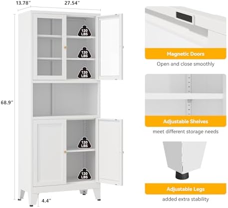 YAUWOH 69" Tall Metal Pantry Cabinet with Microwave Shelf, 2 Glass Doors & 3 Adjustable Shelves, 120LBS Per Shelf Heavy Duty Storage Cabinet with Anti-Tip Design for Kitchen,Dining Room (1PC,White) - Image 3